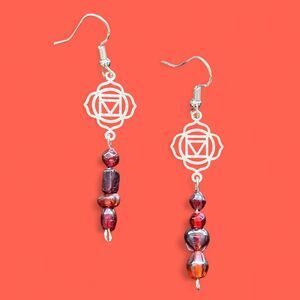 Root Chakra Symbol and Red Beaded Sterling Silver Dangle Earrings